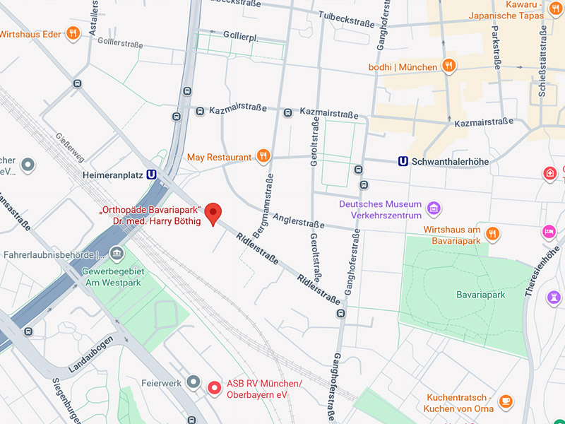 Lage der Praxis Doris Specker, Ridlerstraße 33, München-Westend, Heimeranplatz